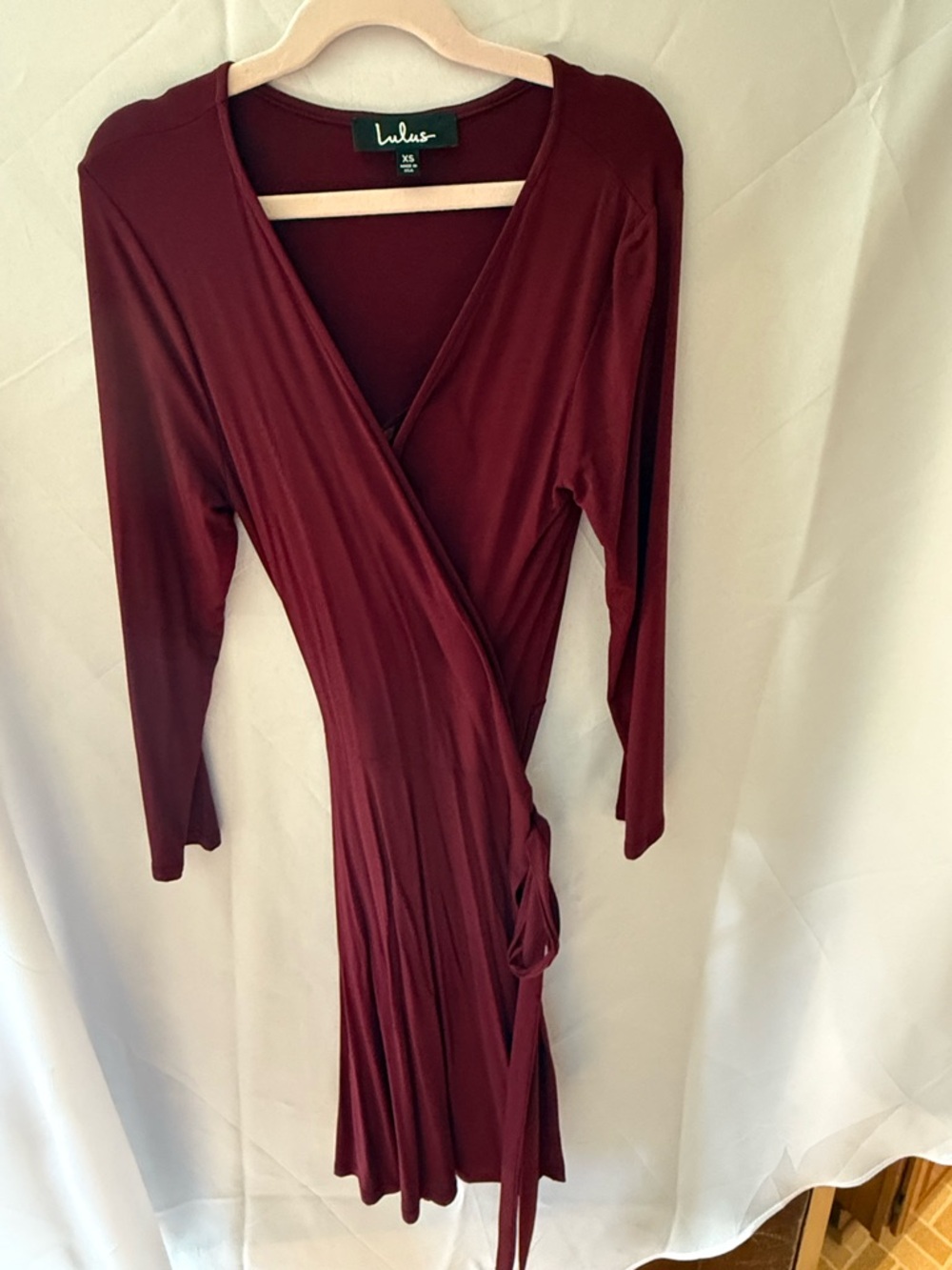 Lulu's Wine-Red Wrap Midi Dress with Long Sleeves